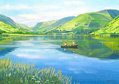 A watercolour painting of two men fishing from a boat on Tal-y-Llyn, Wales by Margaret Heath RSMA.